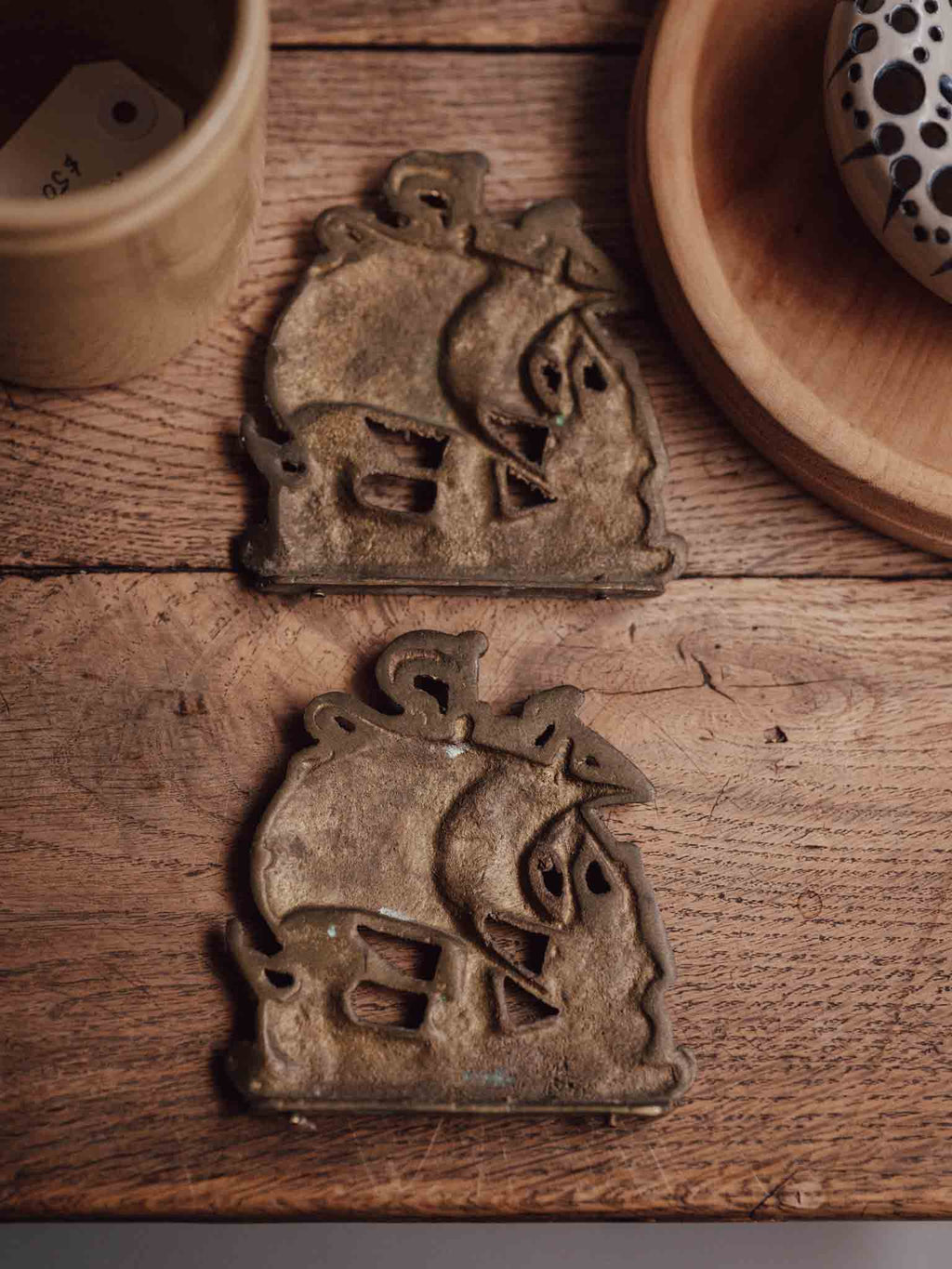 Pair of Cast Brass Sailing Ship Plaques