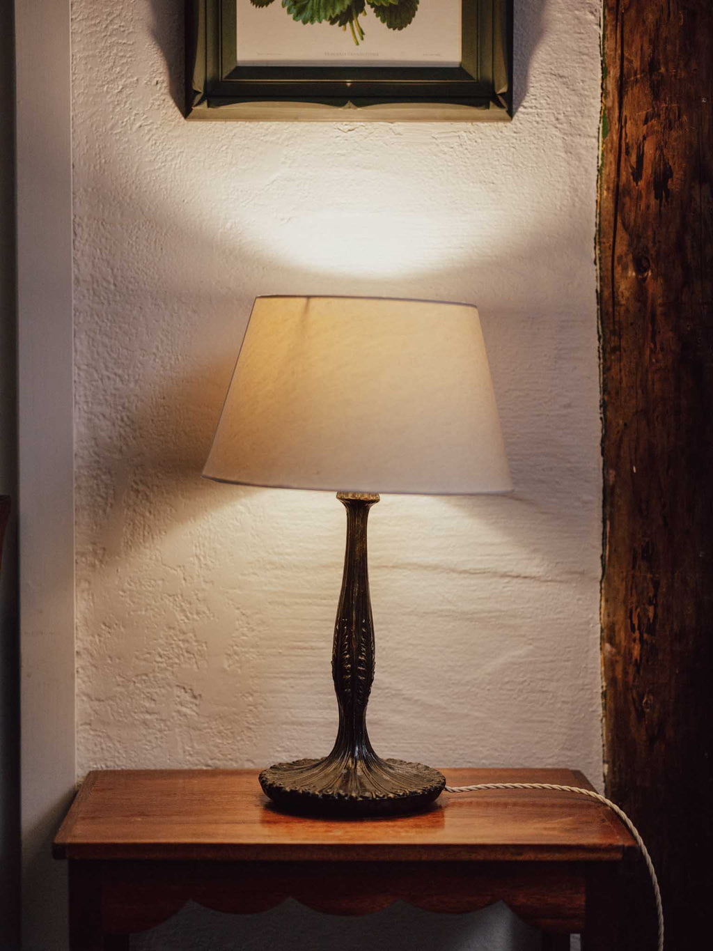 Antique Cast Metal Table Lamp with Ivory Linen Shade