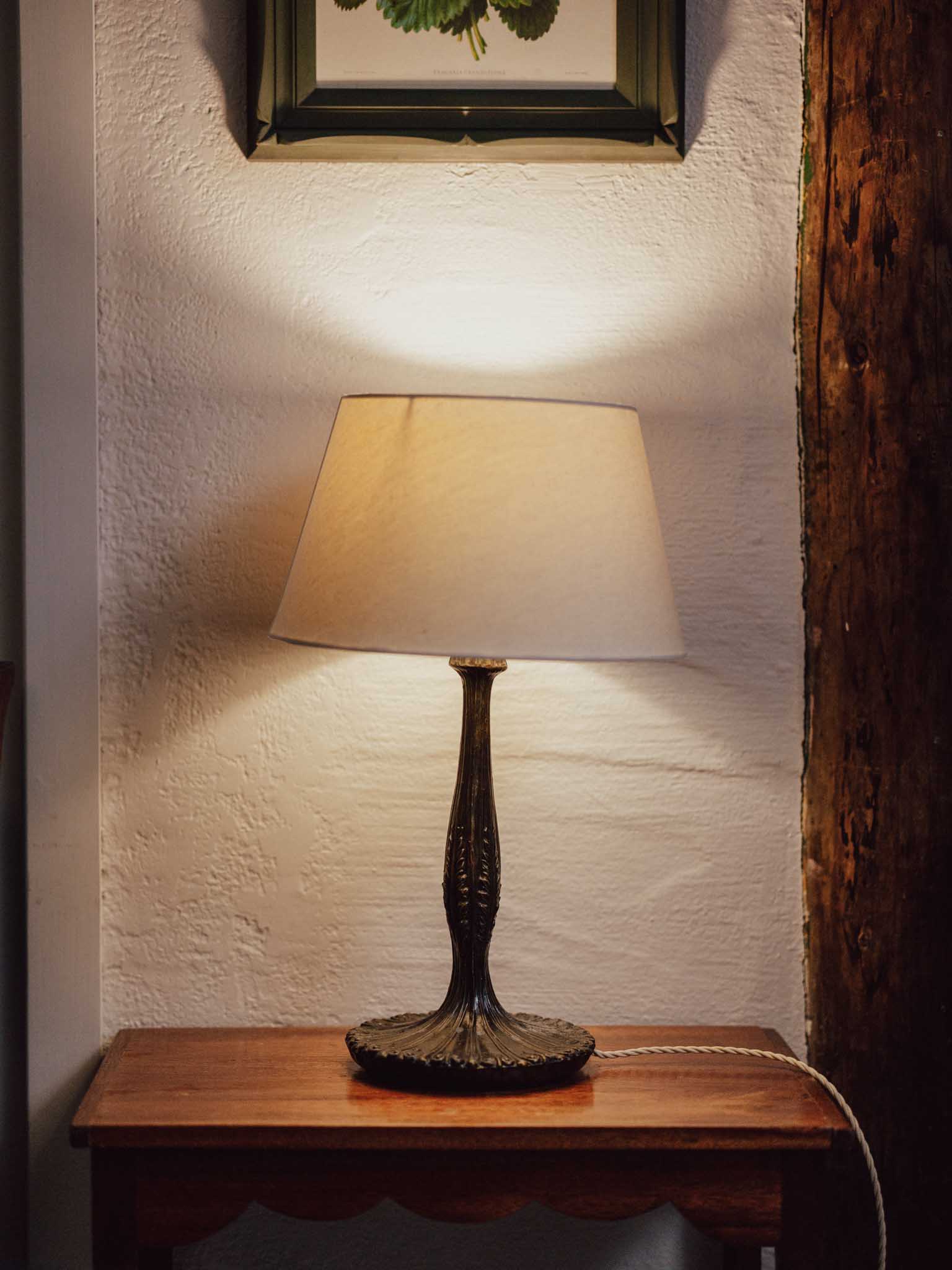 Antique Cast Metal Table Lamp with Ivory Linen Shade
