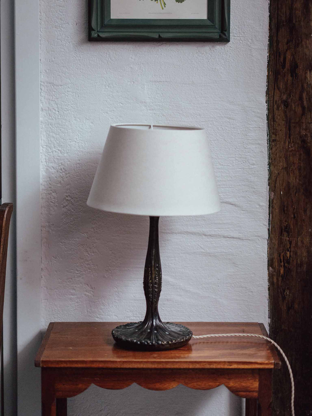 Antique Cast Metal Table Lamp with Ivory Linen Shade