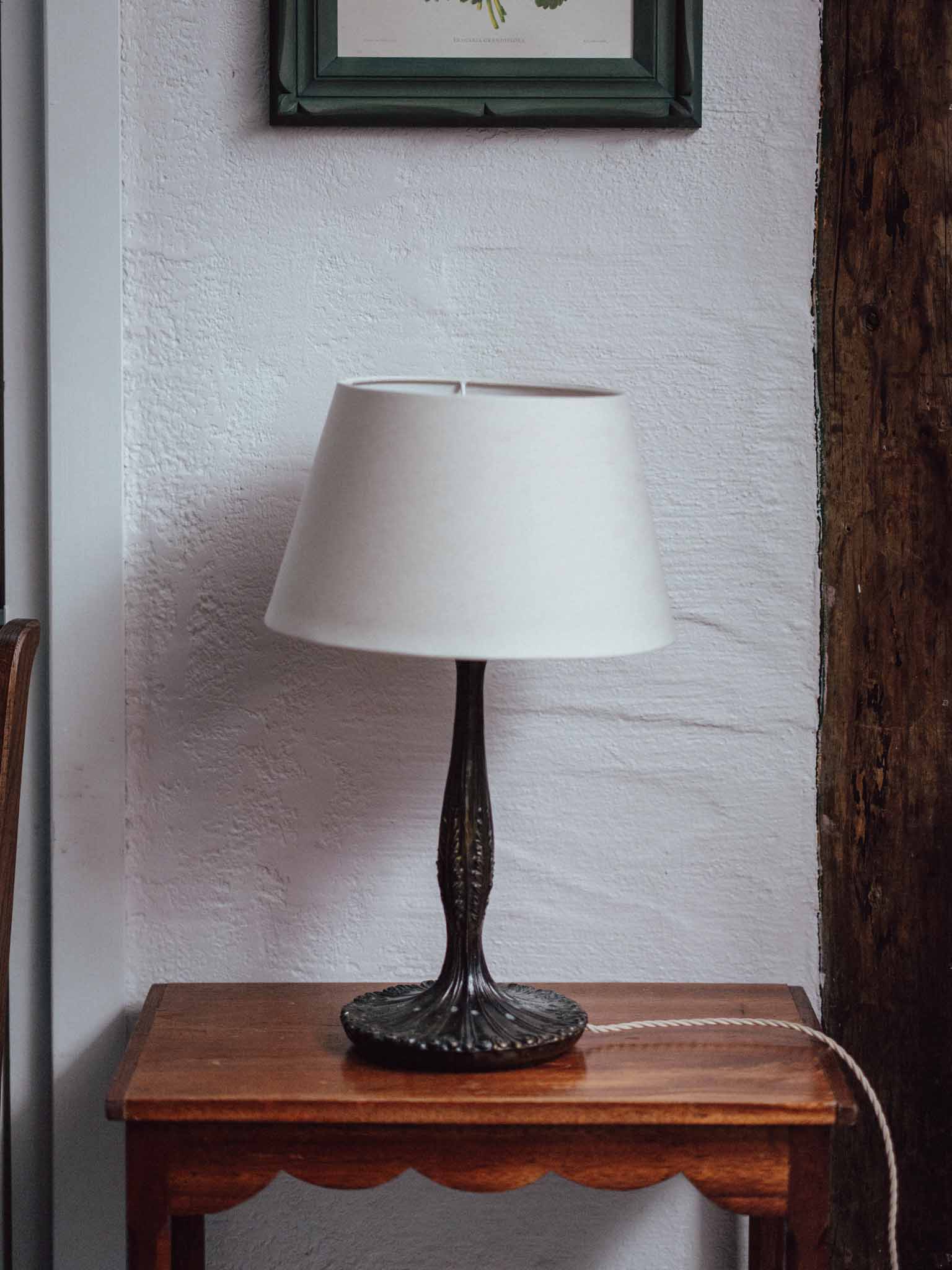 Antique Cast Metal Table Lamp with Ivory Linen Shade