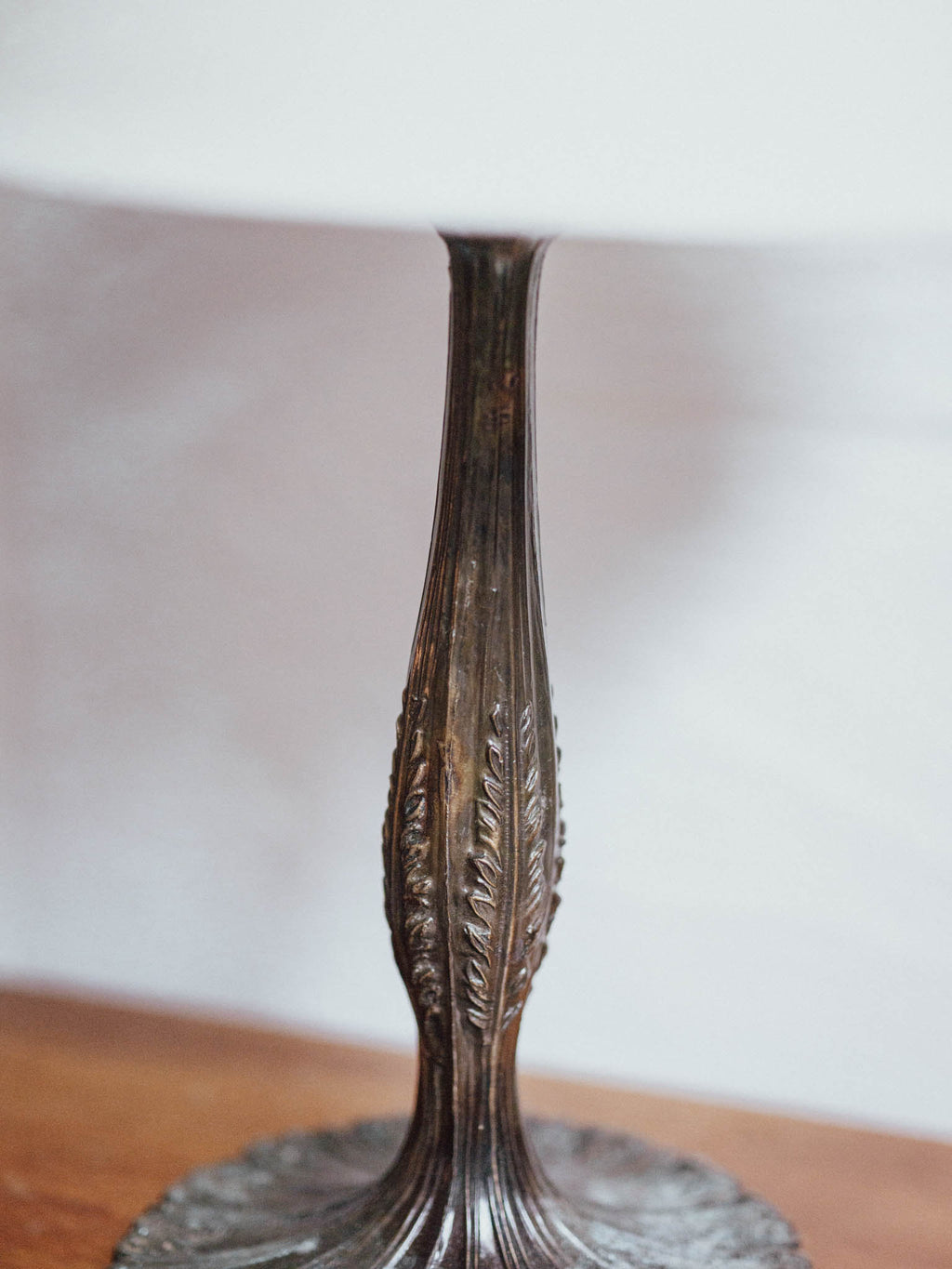 Antique Cast Metal Table Lamp with Ivory Linen Shade