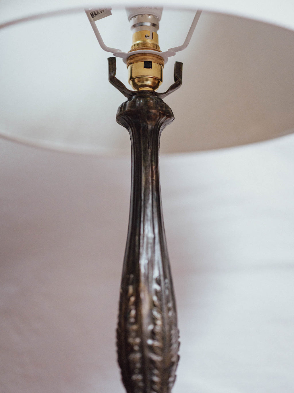 Antique Cast Metal Table Lamp with Ivory Linen Shade