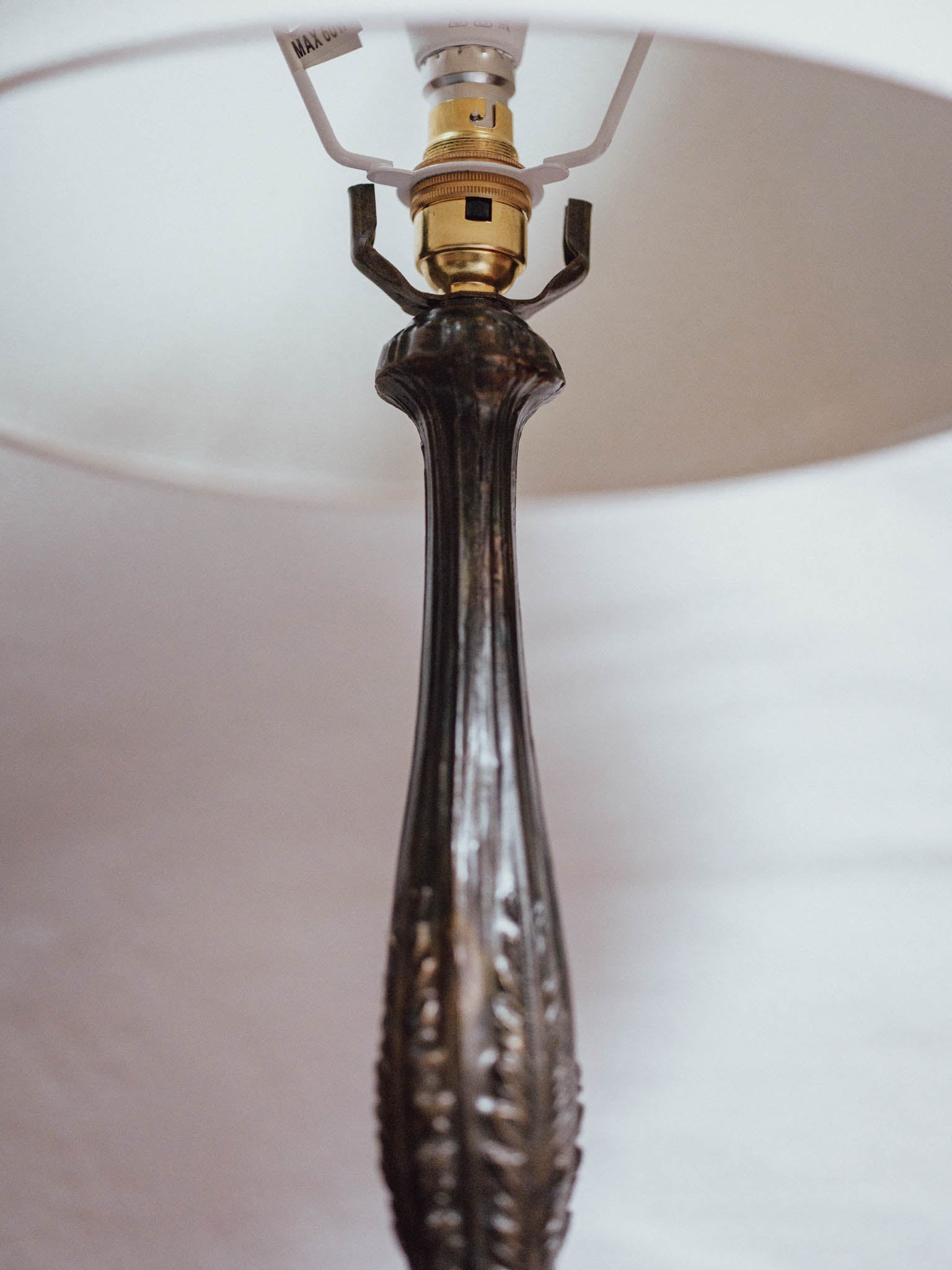 Antique Cast Metal Table Lamp with Ivory Linen Shade