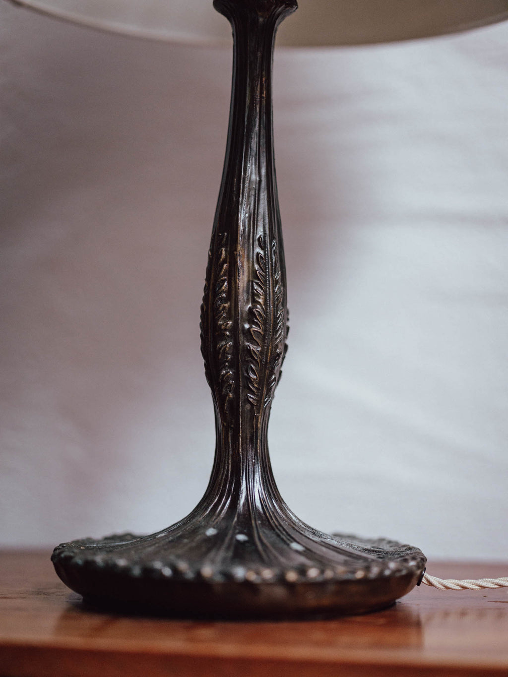 Antique Cast Metal Table Lamp with Ivory Linen Shade