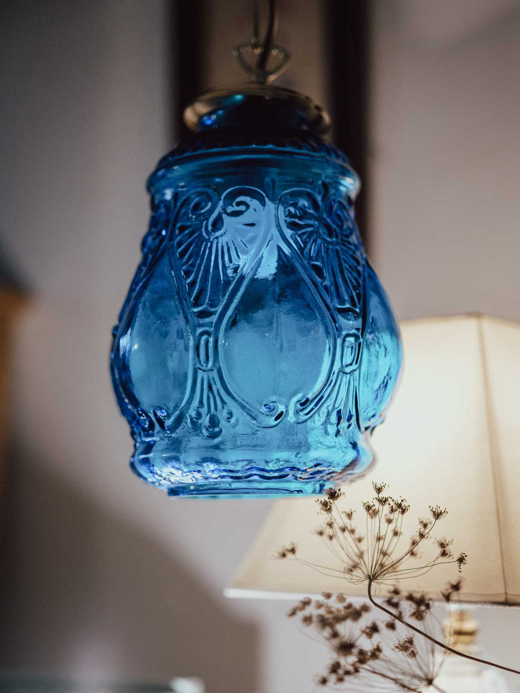 Antique Blue Pressed Glass Pendant Shade