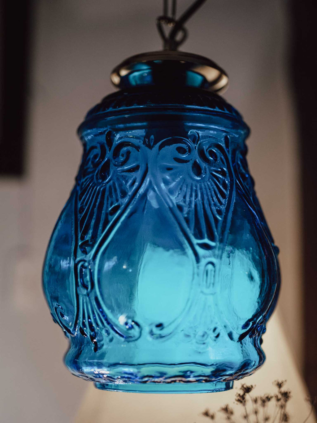 Antique Blue Pressed Glass Pendant Shade