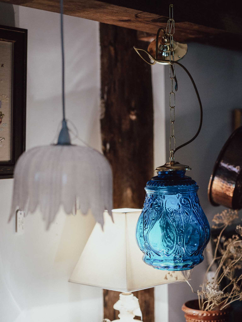 Antique Blue Pressed Glass Pendant Shade