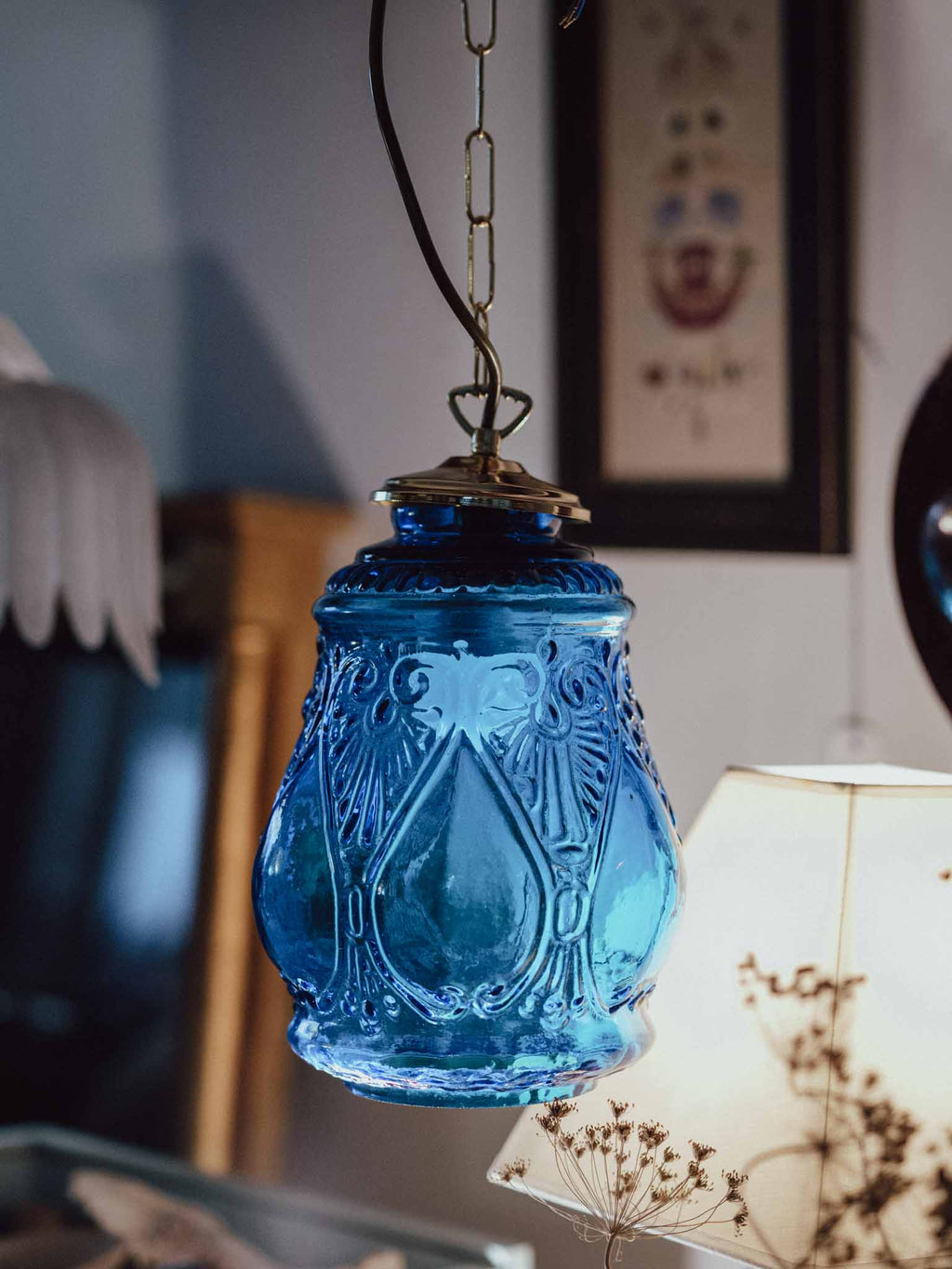 Antique Blue Pressed Glass Pendant Shade