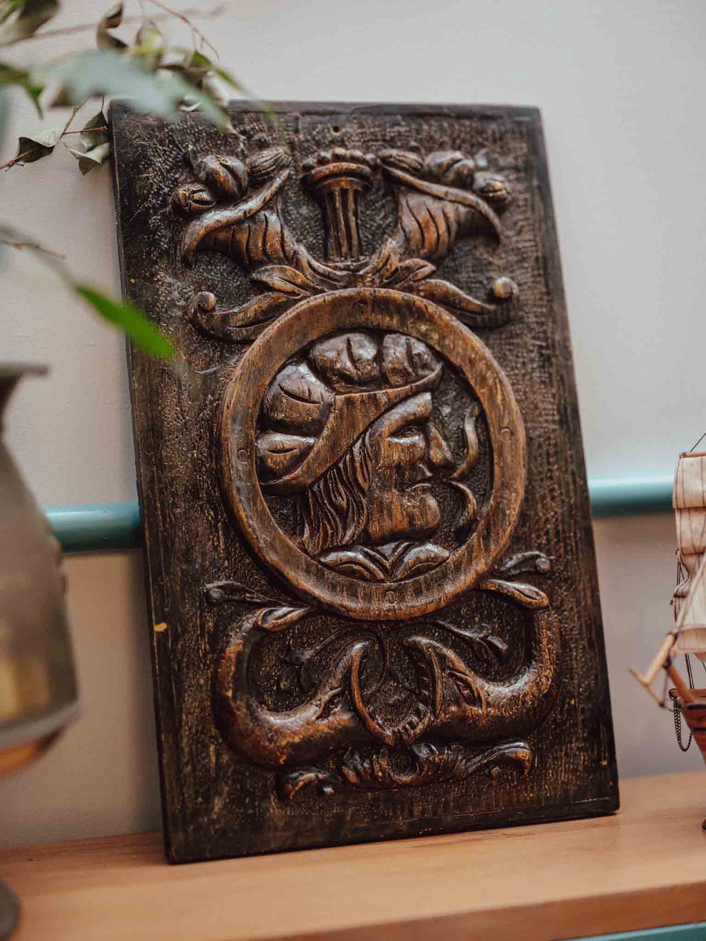 Antique Carved Wood Renaissance Portrait Relief Panel