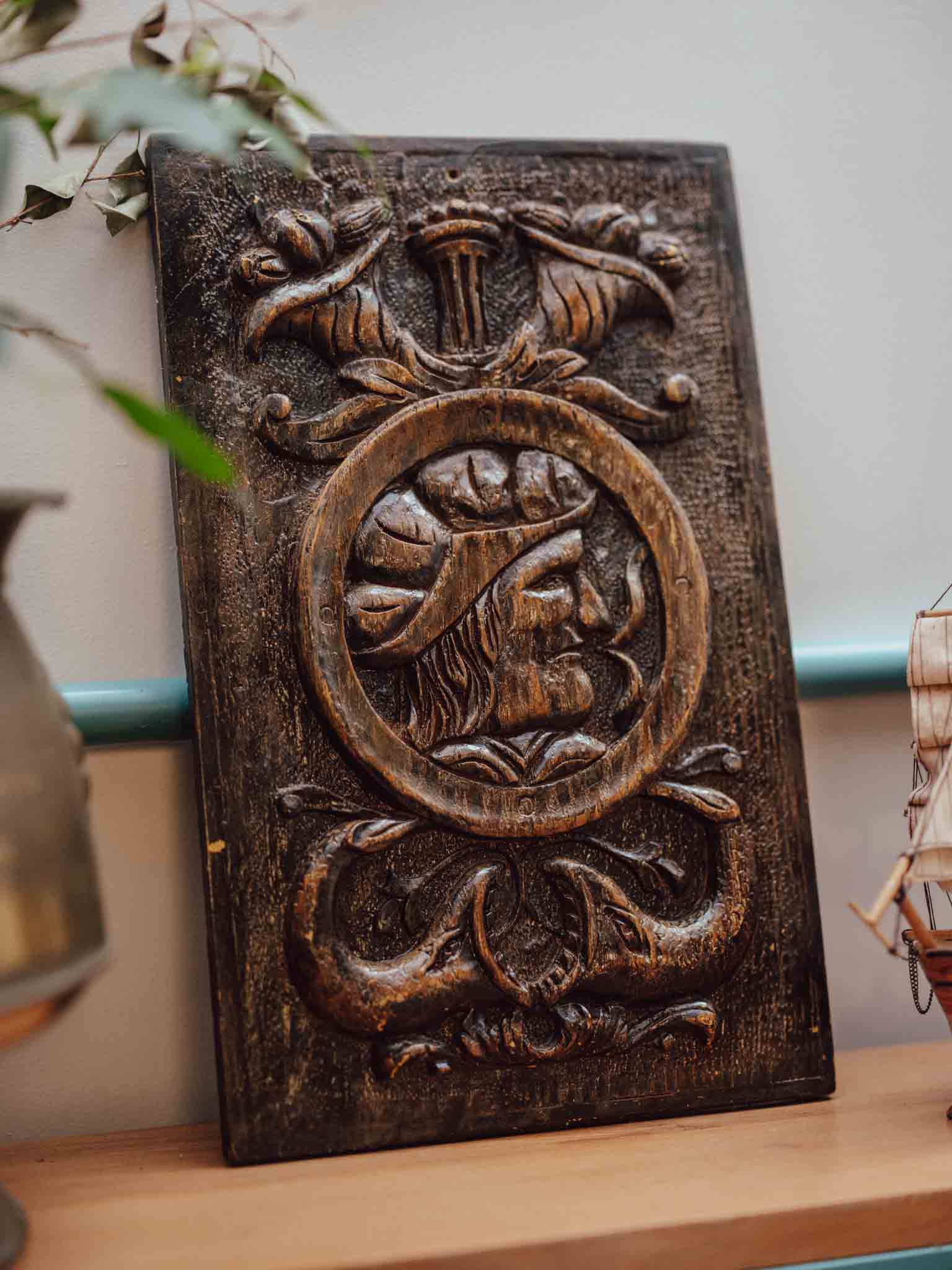 Antique Carved Wood Renaissance Portrait Relief Panel