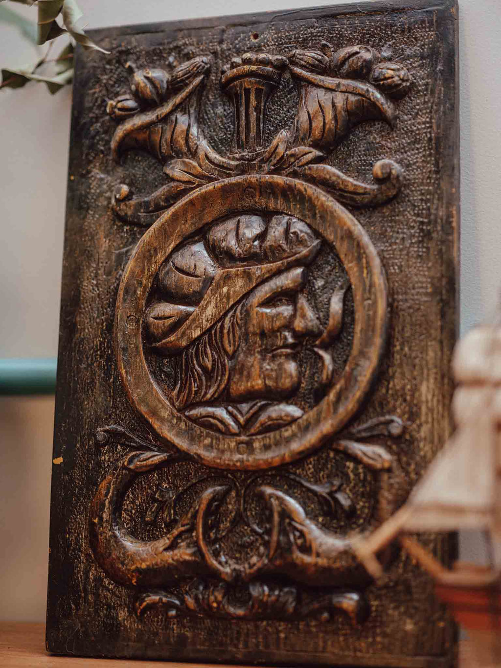 Antique Carved Wood Renaissance Portrait Relief Panel