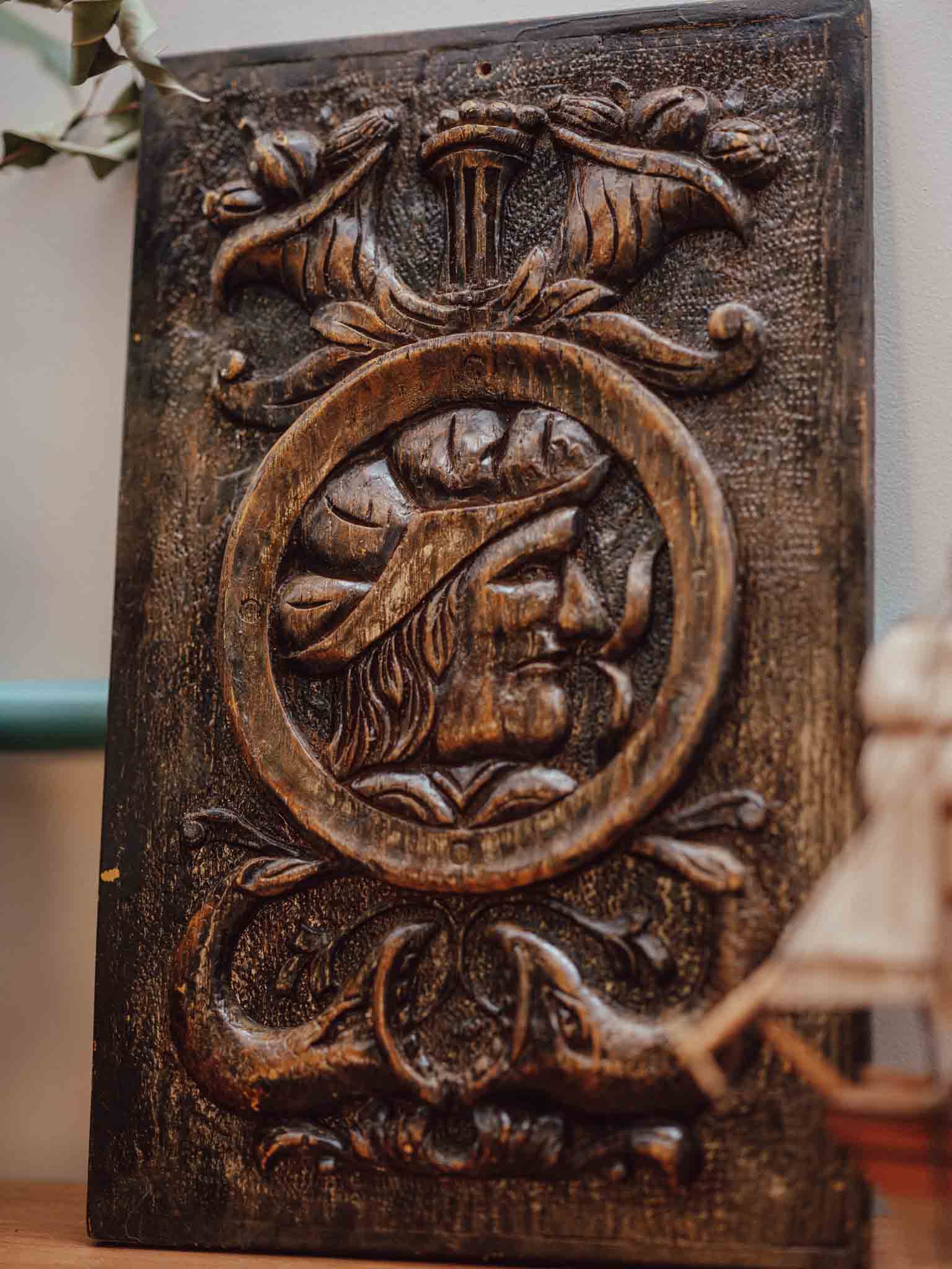 Antique Carved Wood Renaissance Portrait Relief Panel