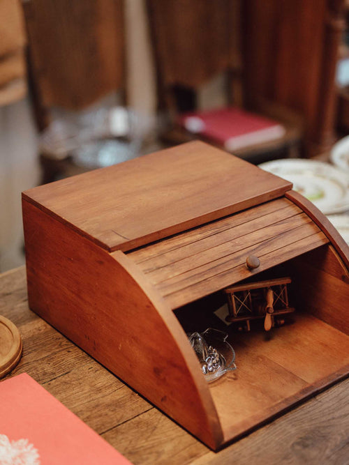Vintage Wooden Roll-Top Tambour Bread Bin
