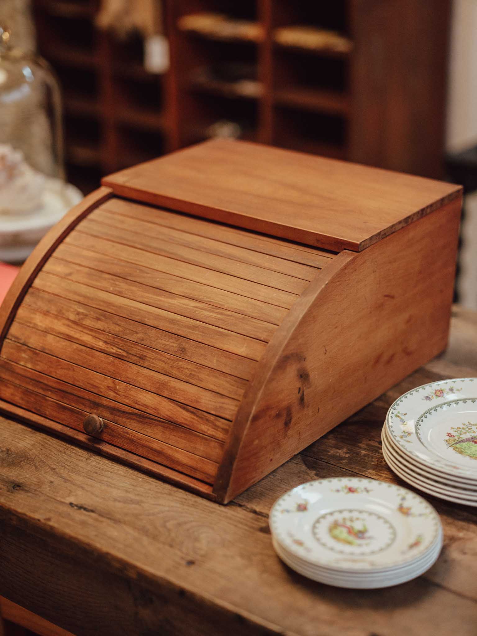 Vintage Wooden Roll-Top Tambour Bread Bin
