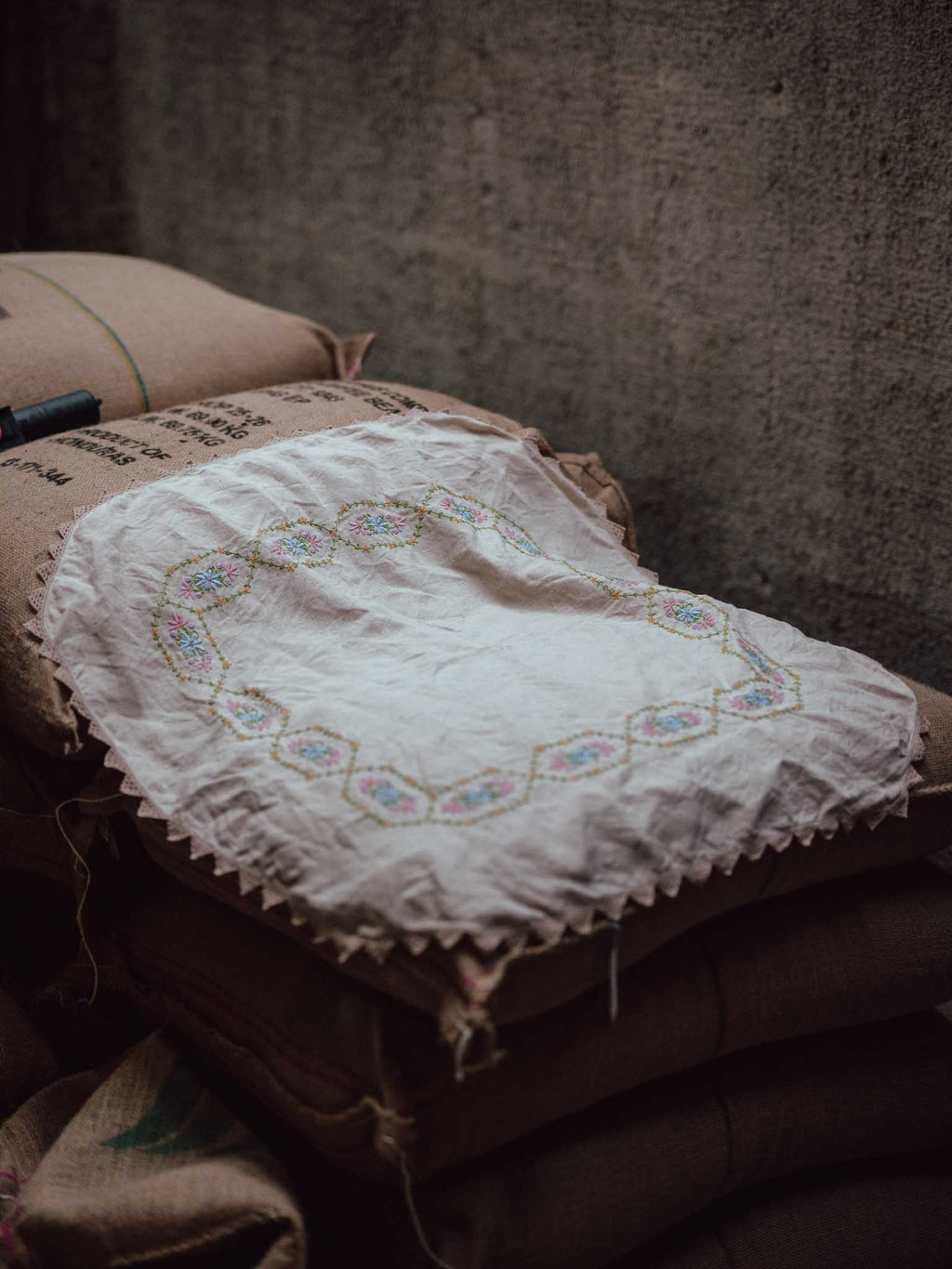 Embroidered Vintage Linen Cloth with Crochet Edging