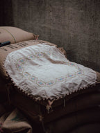 Embroidered Vintage Linen Cloth with Crochet Edging