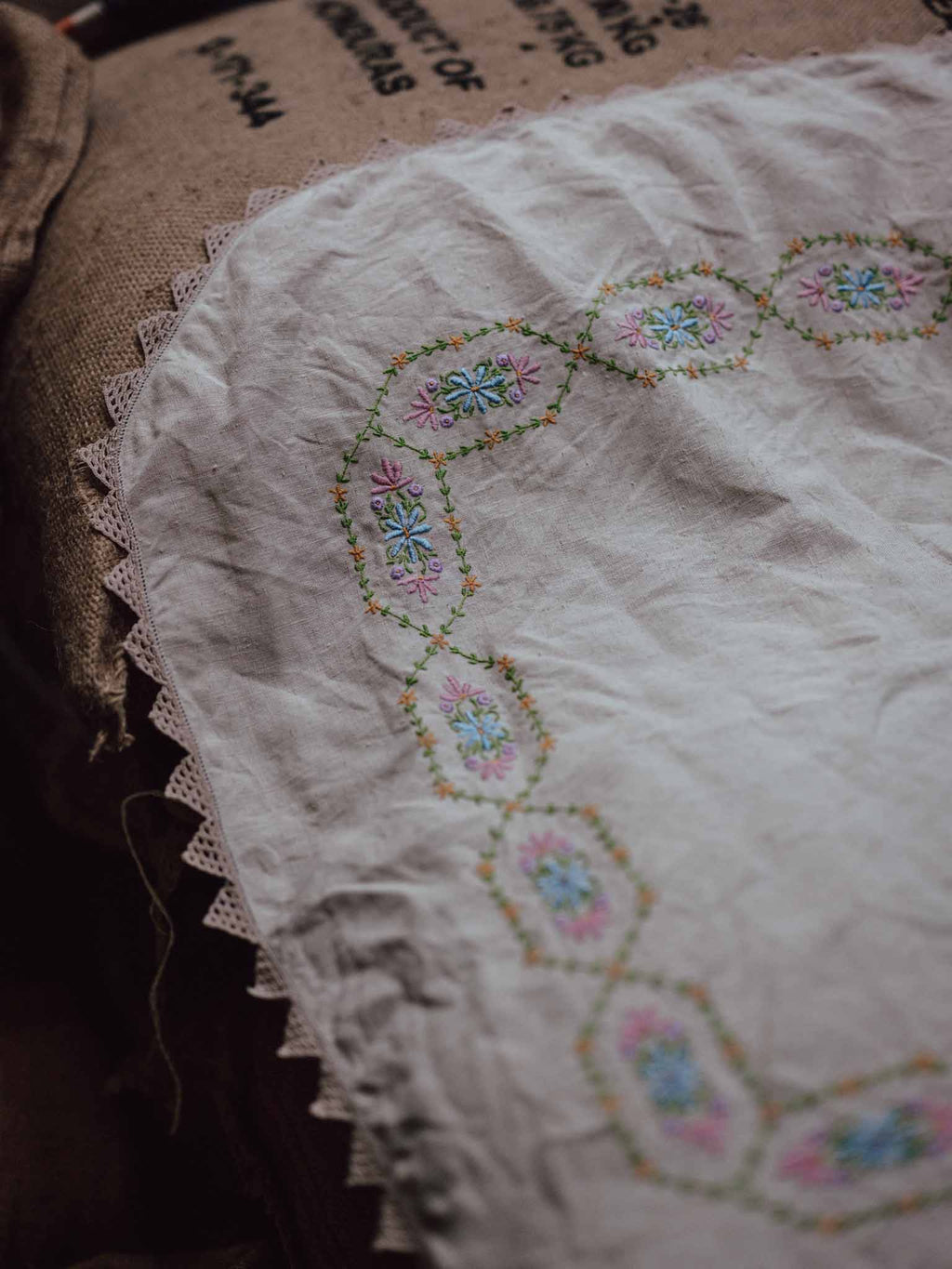 Embroidered Vintage Linen Cloth with Crochet Edging