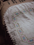 Embroidered Vintage Linen Cloth with Crochet Edging