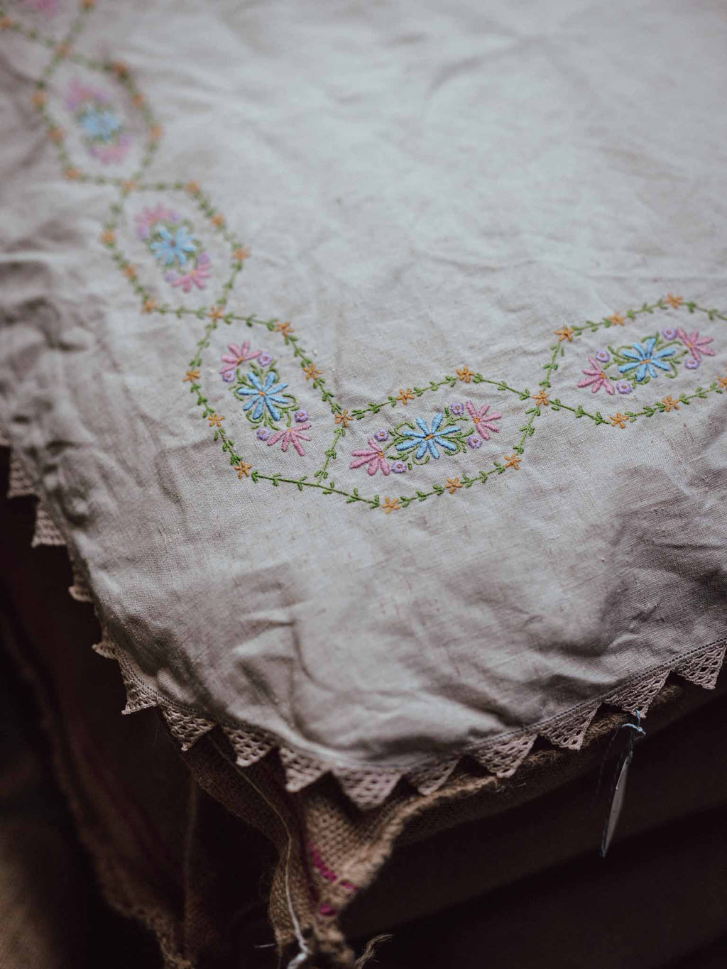 Embroidered Vintage Linen Cloth with Crochet Edging