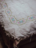 Embroidered Vintage Linen Cloth with Crochet Edging