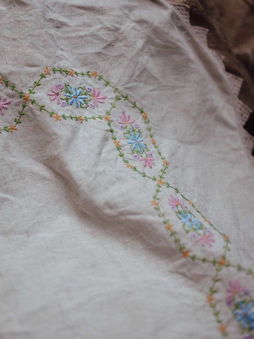 Embroidered Vintage Linen Cloth with Crochet Edging