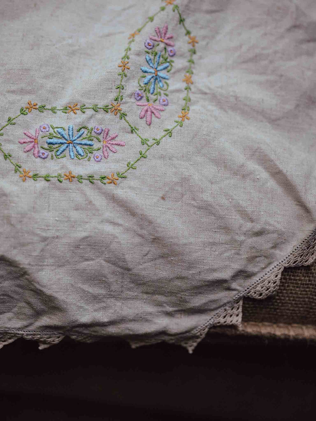 Embroidered Vintage Linen Cloth with Crochet Edging