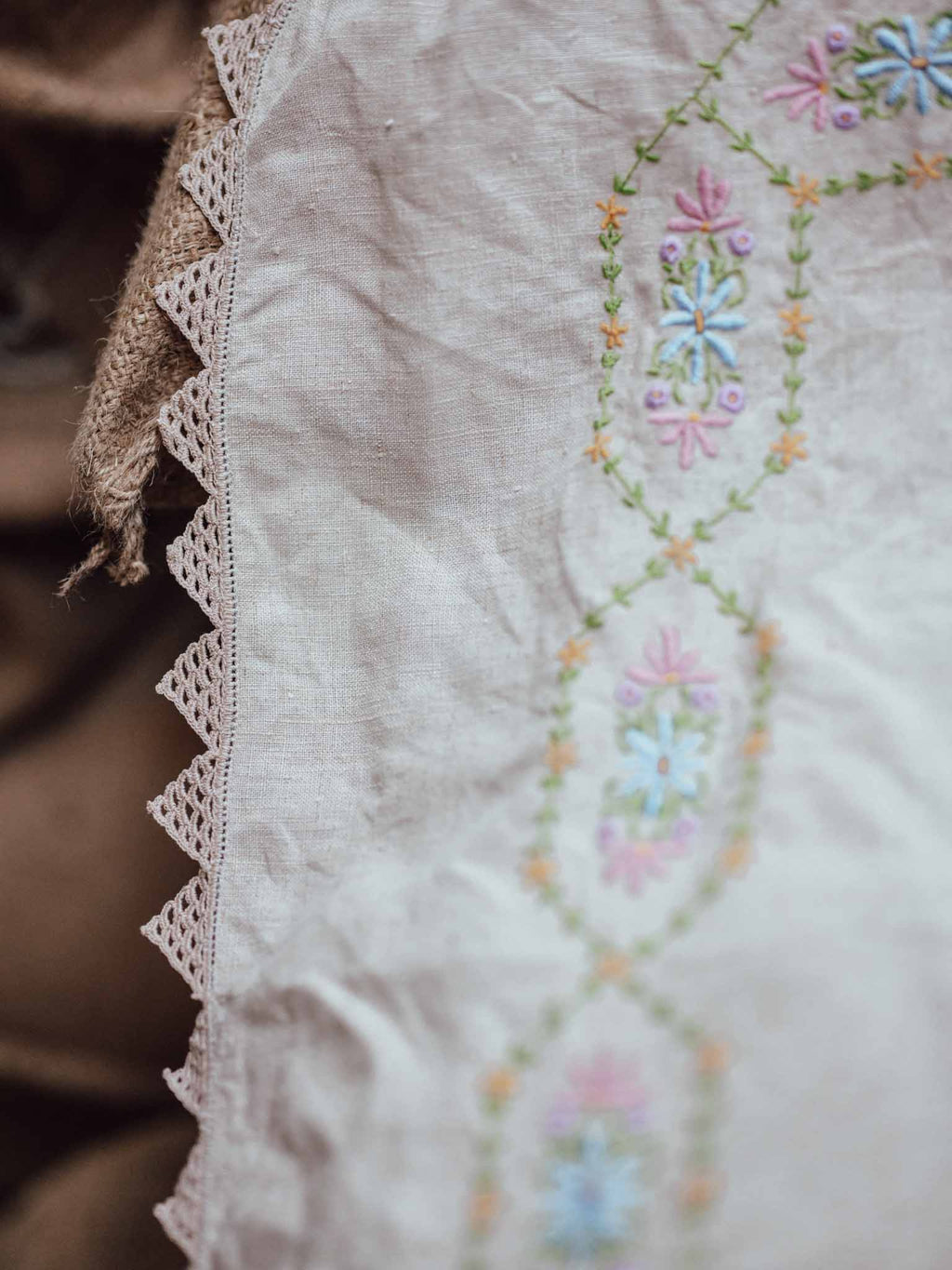Embroidered Vintage Linen Cloth with Crochet Edging