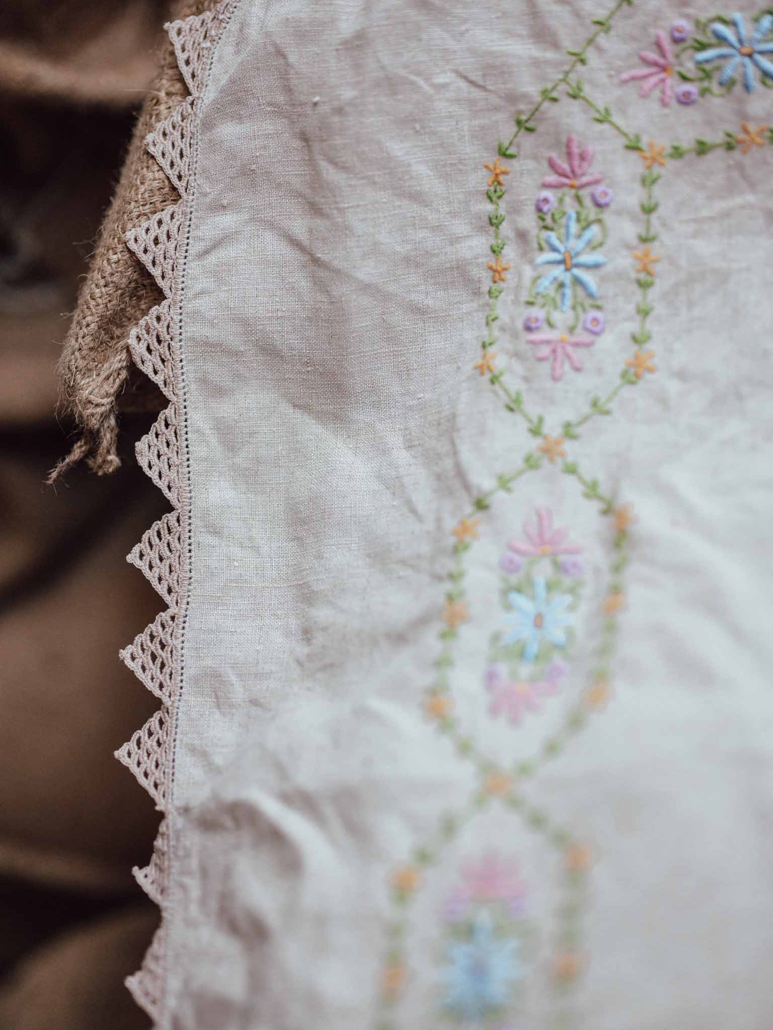 Embroidered Vintage Linen Cloth with Crochet Edging