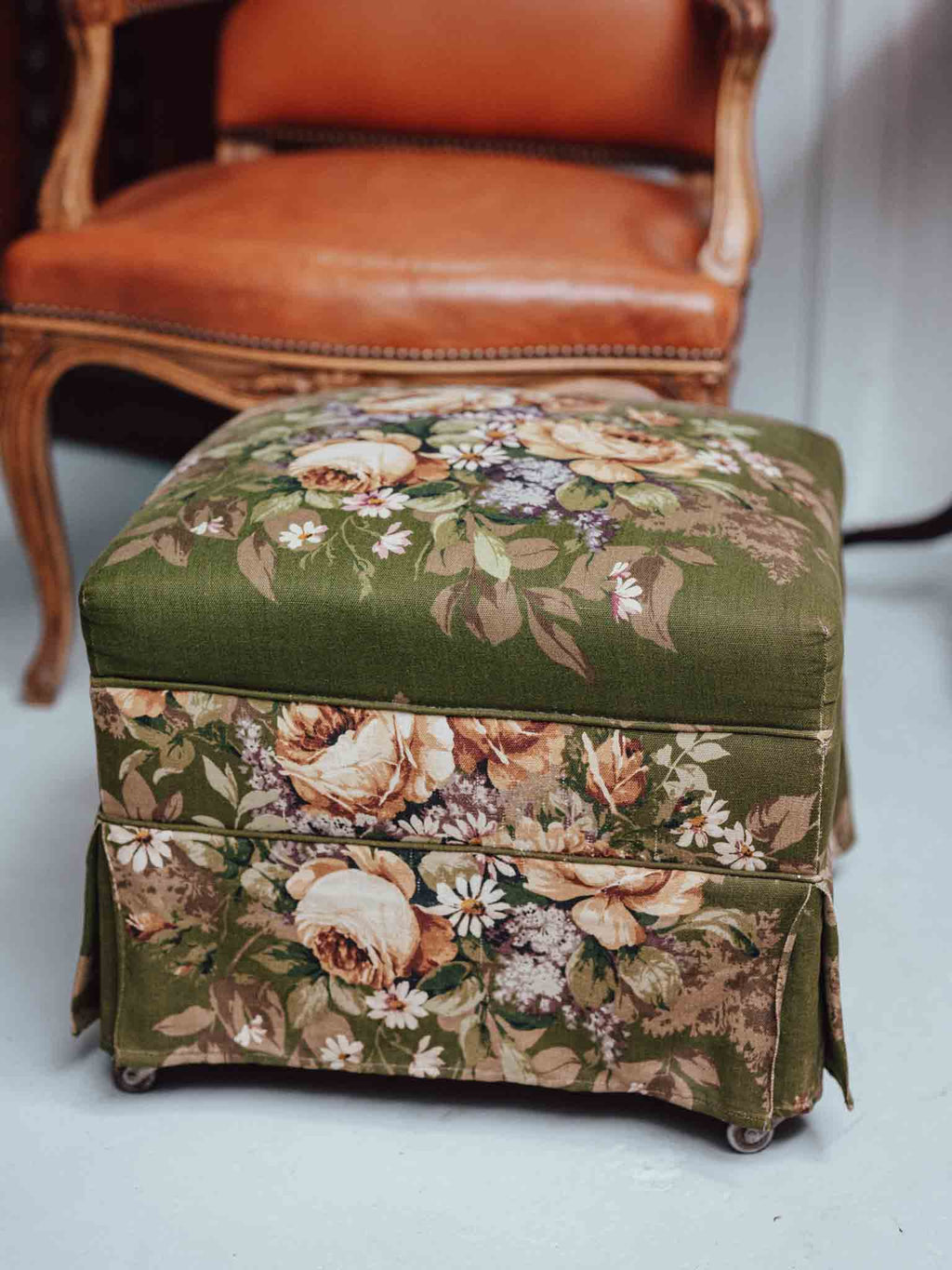 Vintage Screenprinted Floral Footstool on Castors