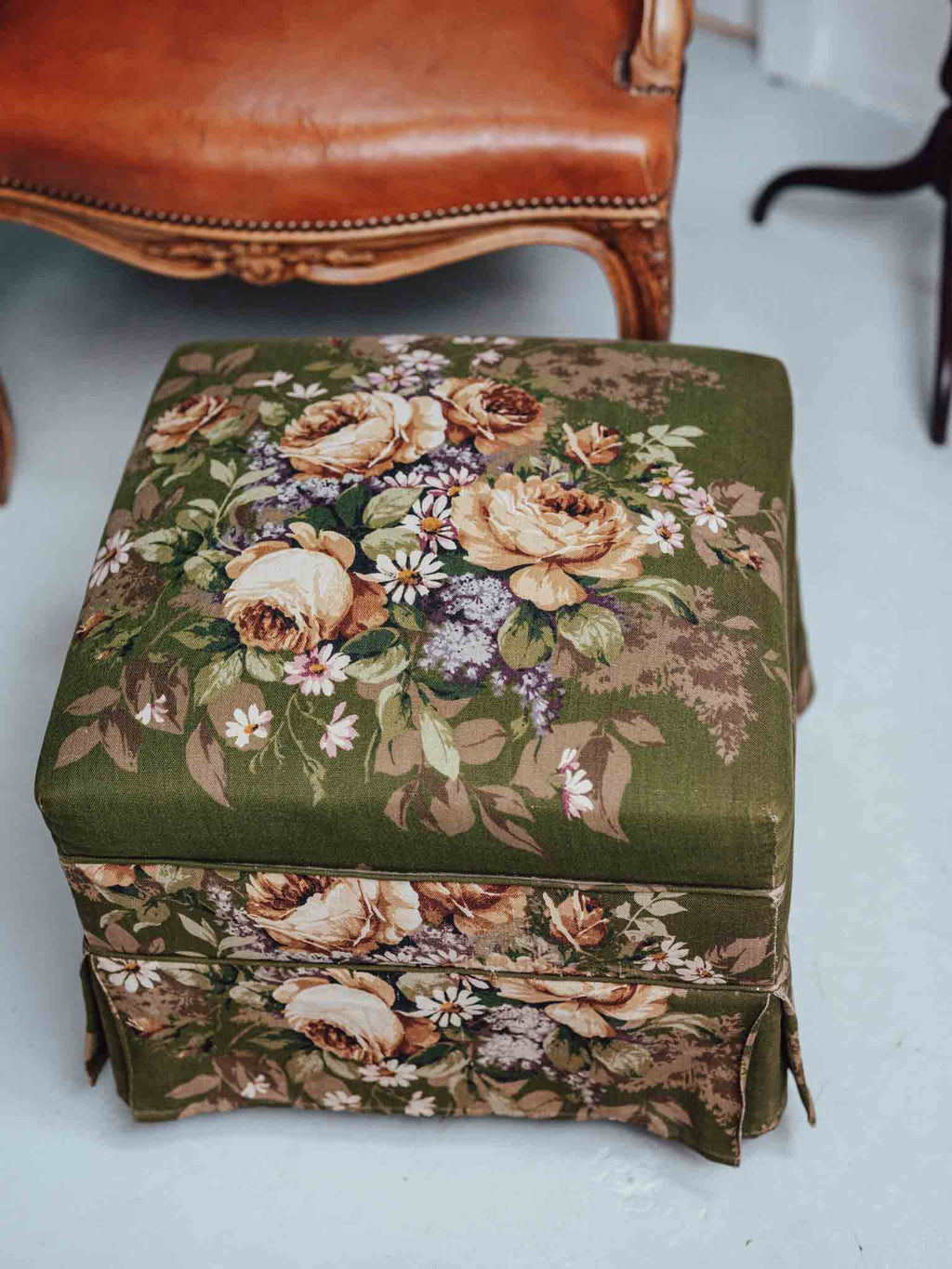 Vintage Screenprinted Floral Footstool on Castors