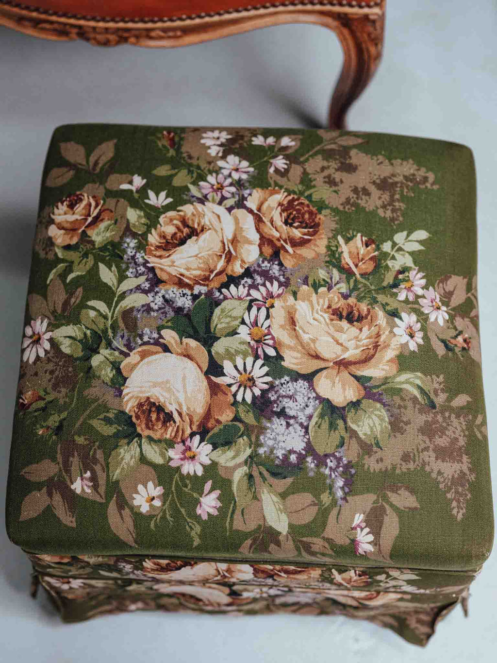 Vintage Screenprinted Floral Footstool on Castors