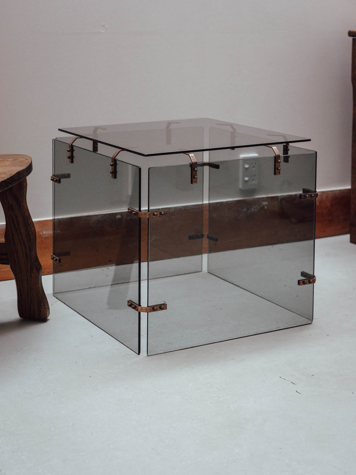 Smoked Glass Side Table with Copper Brackets
