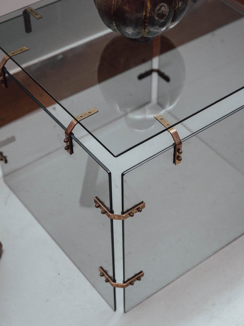 Smoked Glass Side Table with Copper Brackets