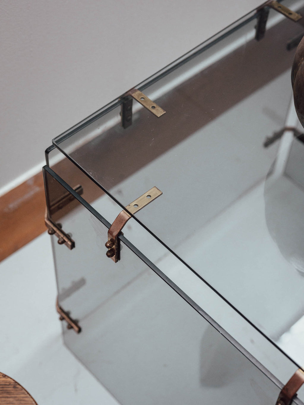 Smoked Glass Side Table with Copper Brackets