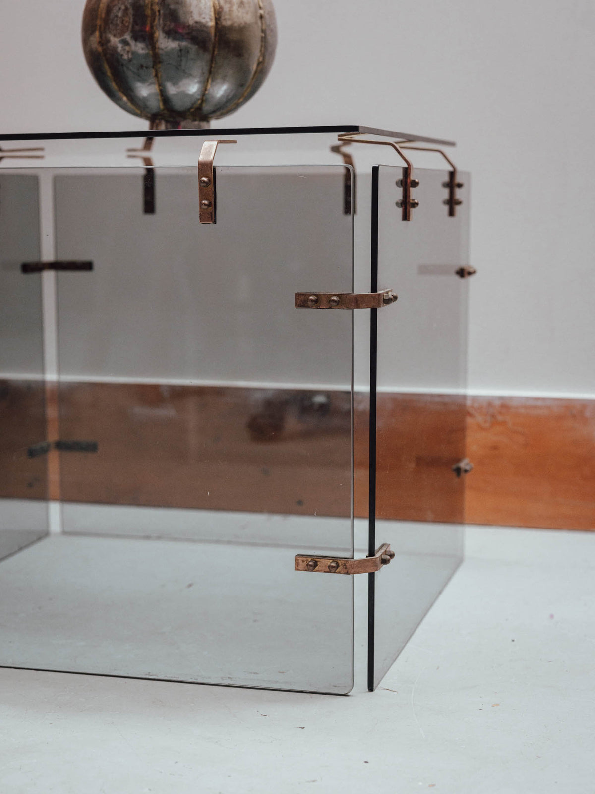Smoked Glass Side Table with Copper Brackets