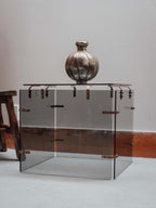 Smoked Glass Side Table with Copper Brackets