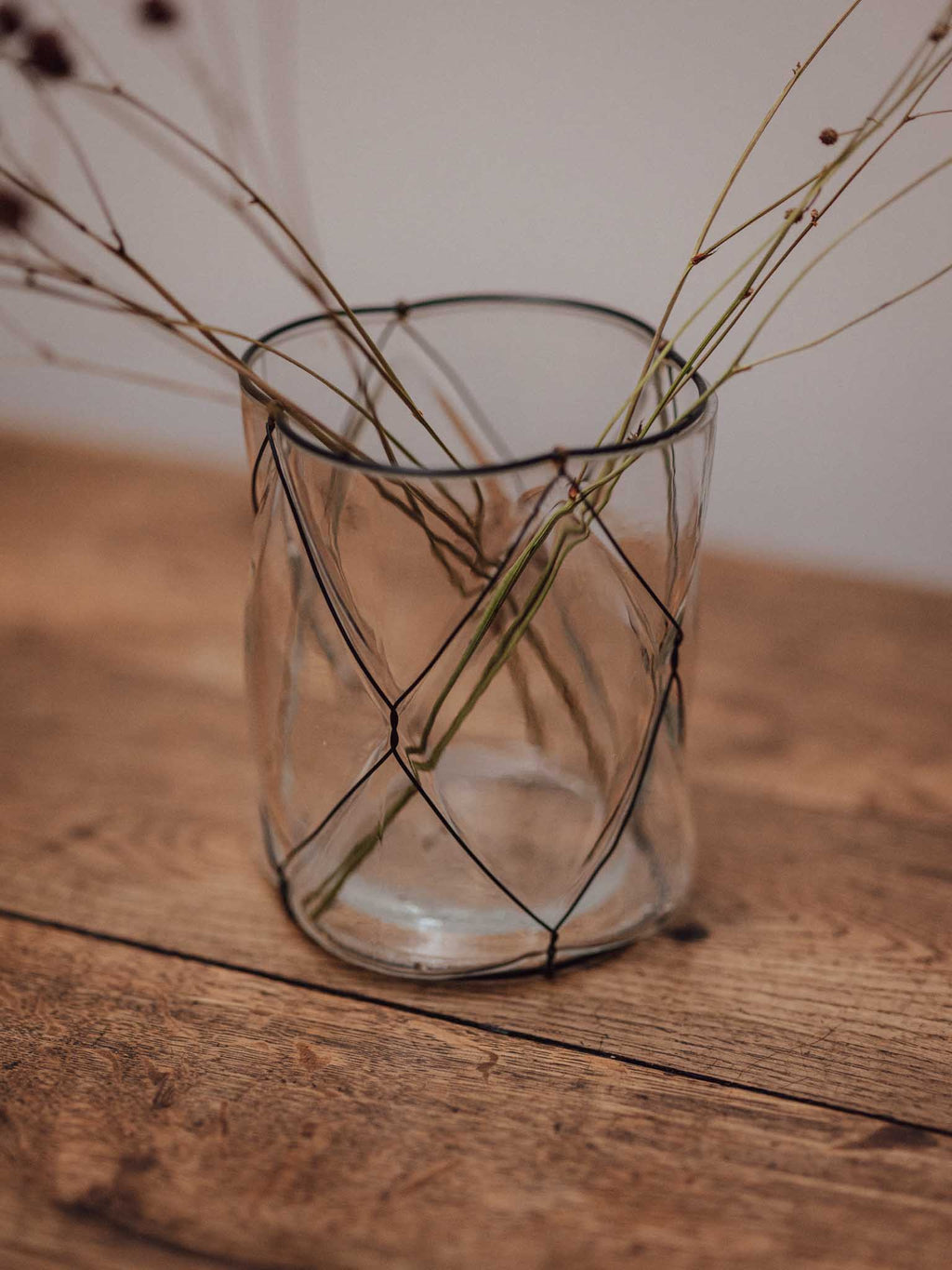 Clear Glass Vase in Black Wire Cage