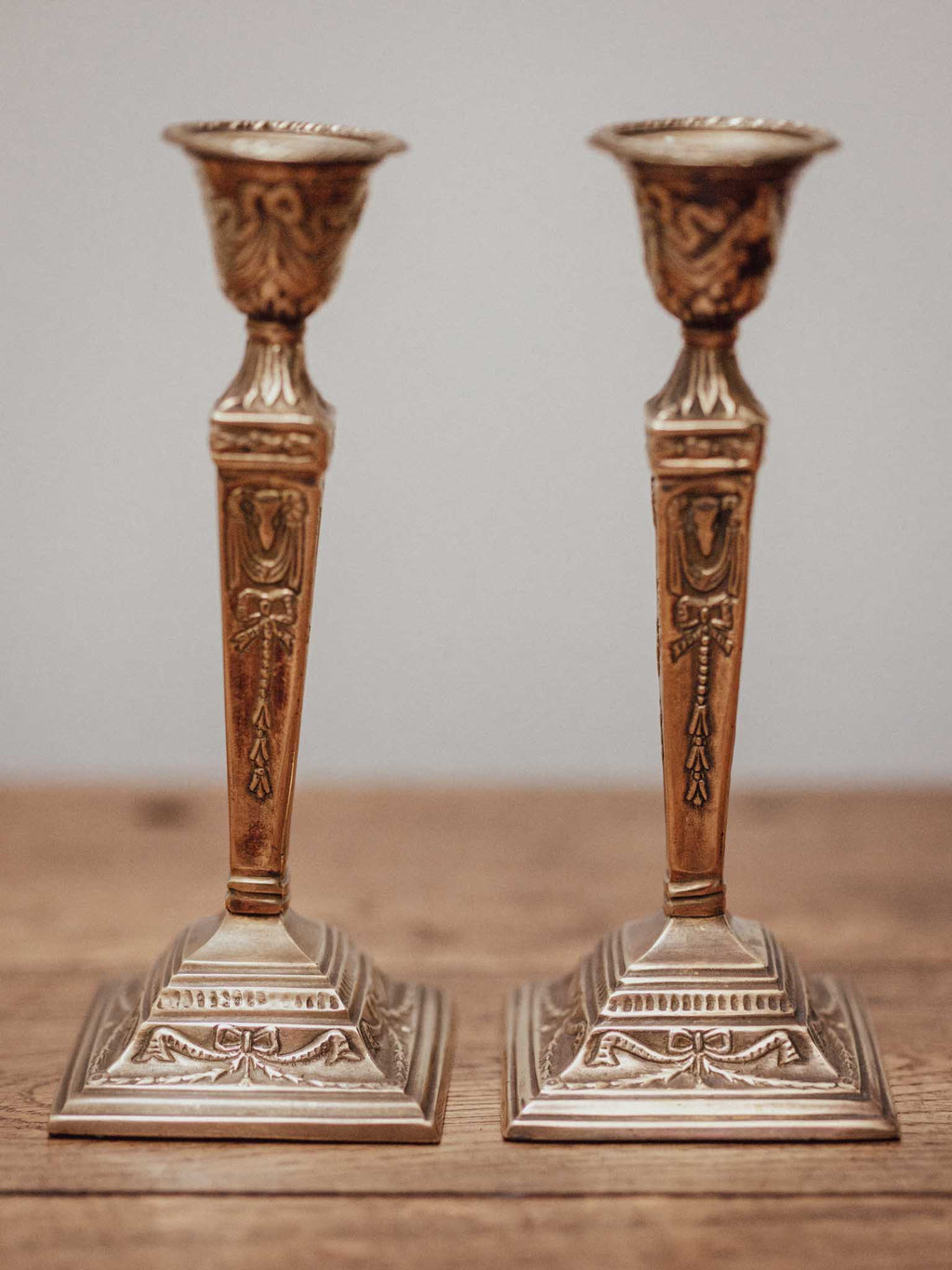 Pair of Victorian Neoclassical Brass Candlesticks