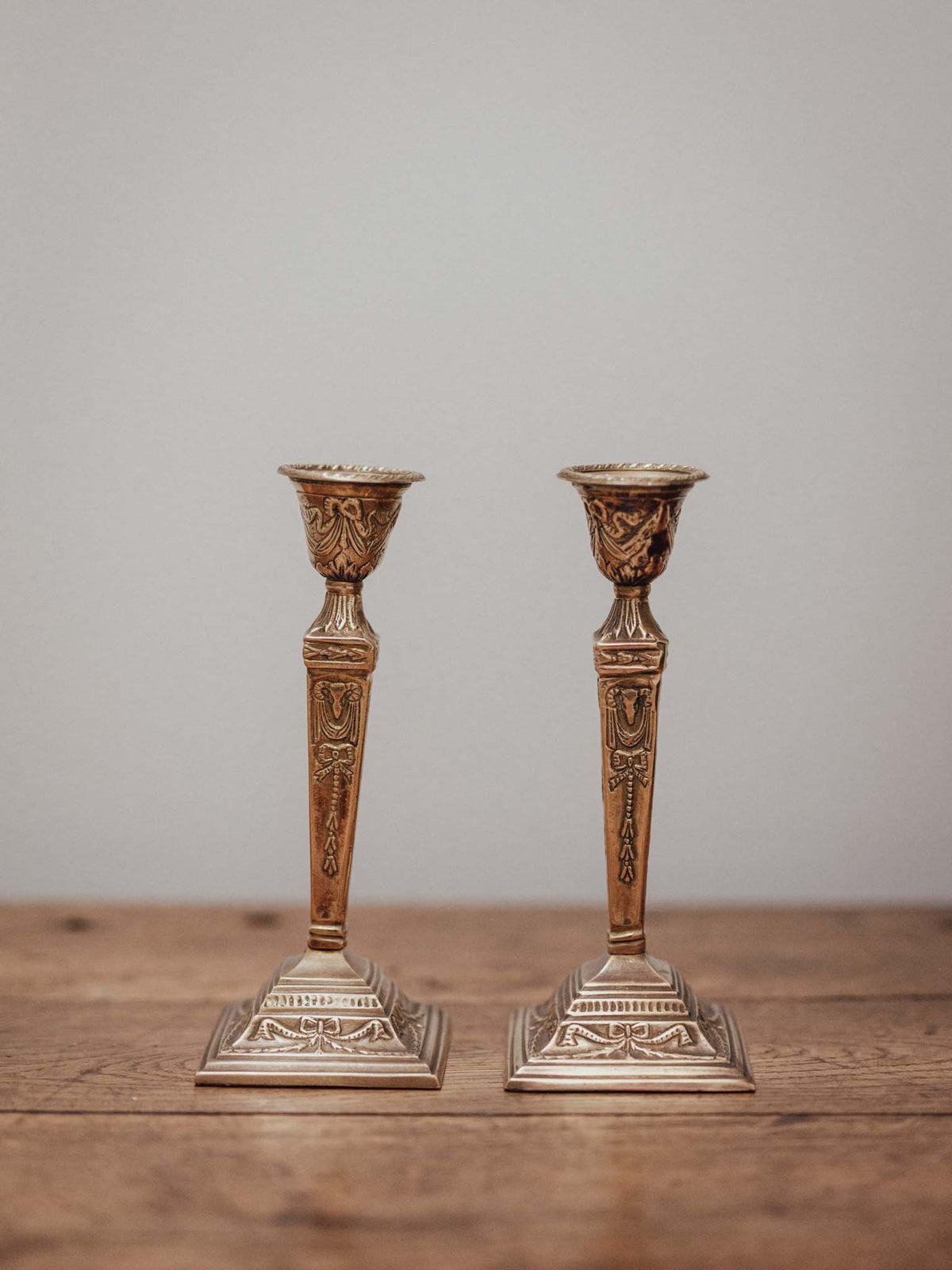 Pair of Victorian Neoclassical Brass Candlesticks