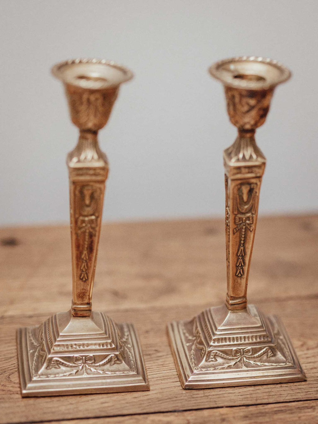 Pair of Victorian Neoclassical Brass Candlesticks