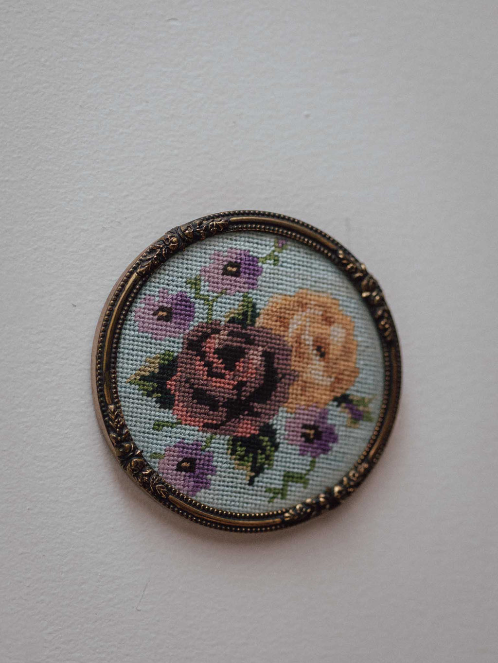 Vintage Cross Stitch in Brass Frame w Convex Glass