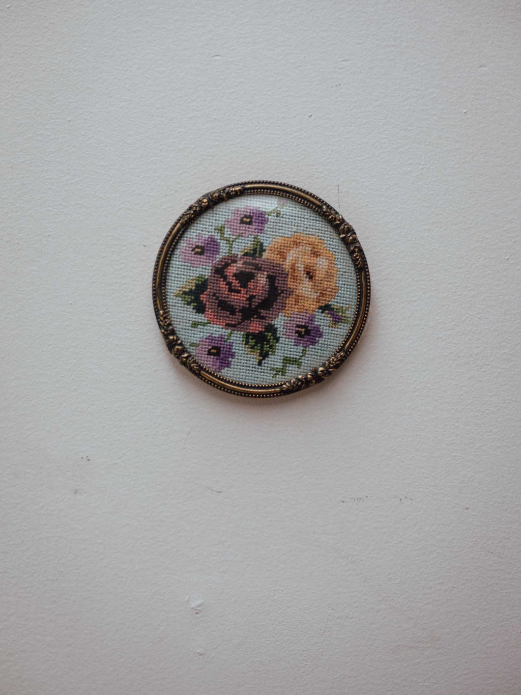 Vintage Cross Stitch in Brass Frame w Convex Glass