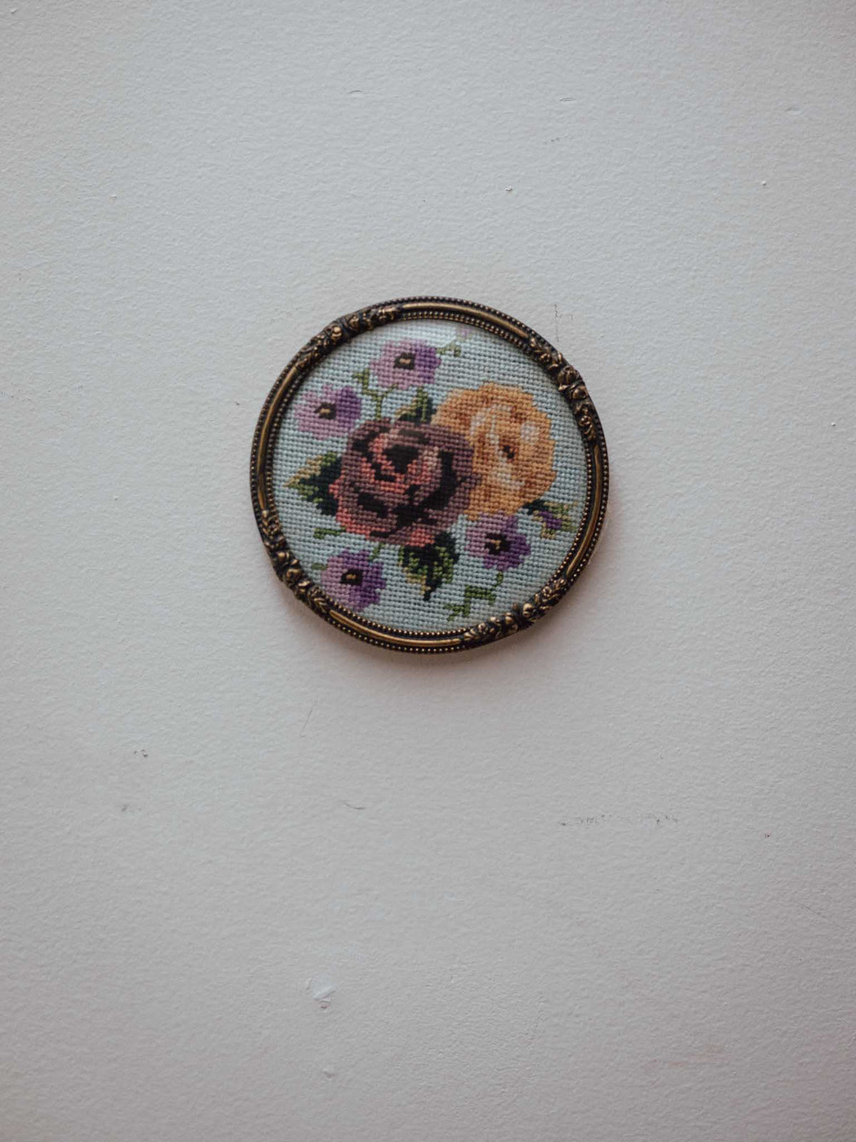 Vintage Cross Stitch in Brass Frame w Convex Glass