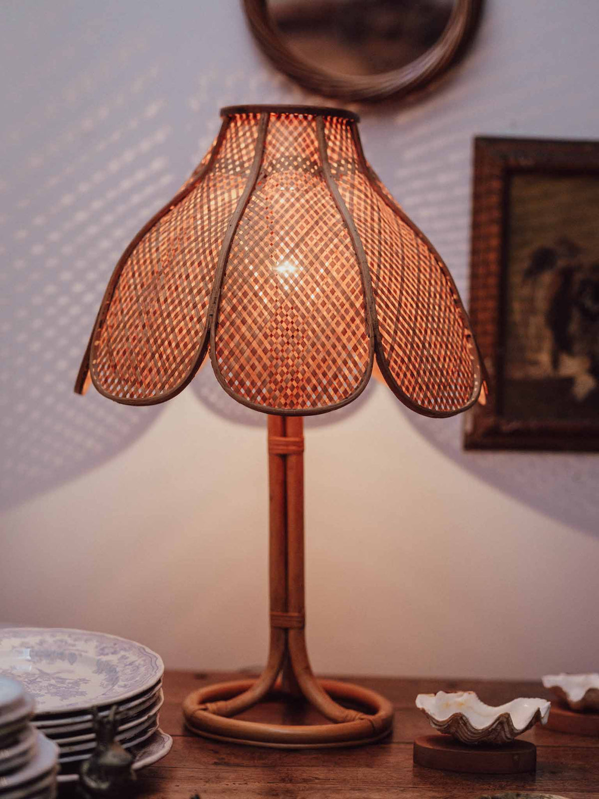 Vintage Rattan and Cane Table Lamp