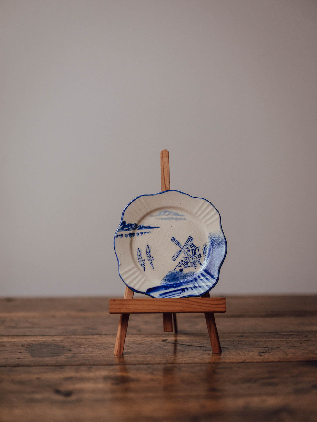 Blue and White Windmill Plate with Scalloped Rim