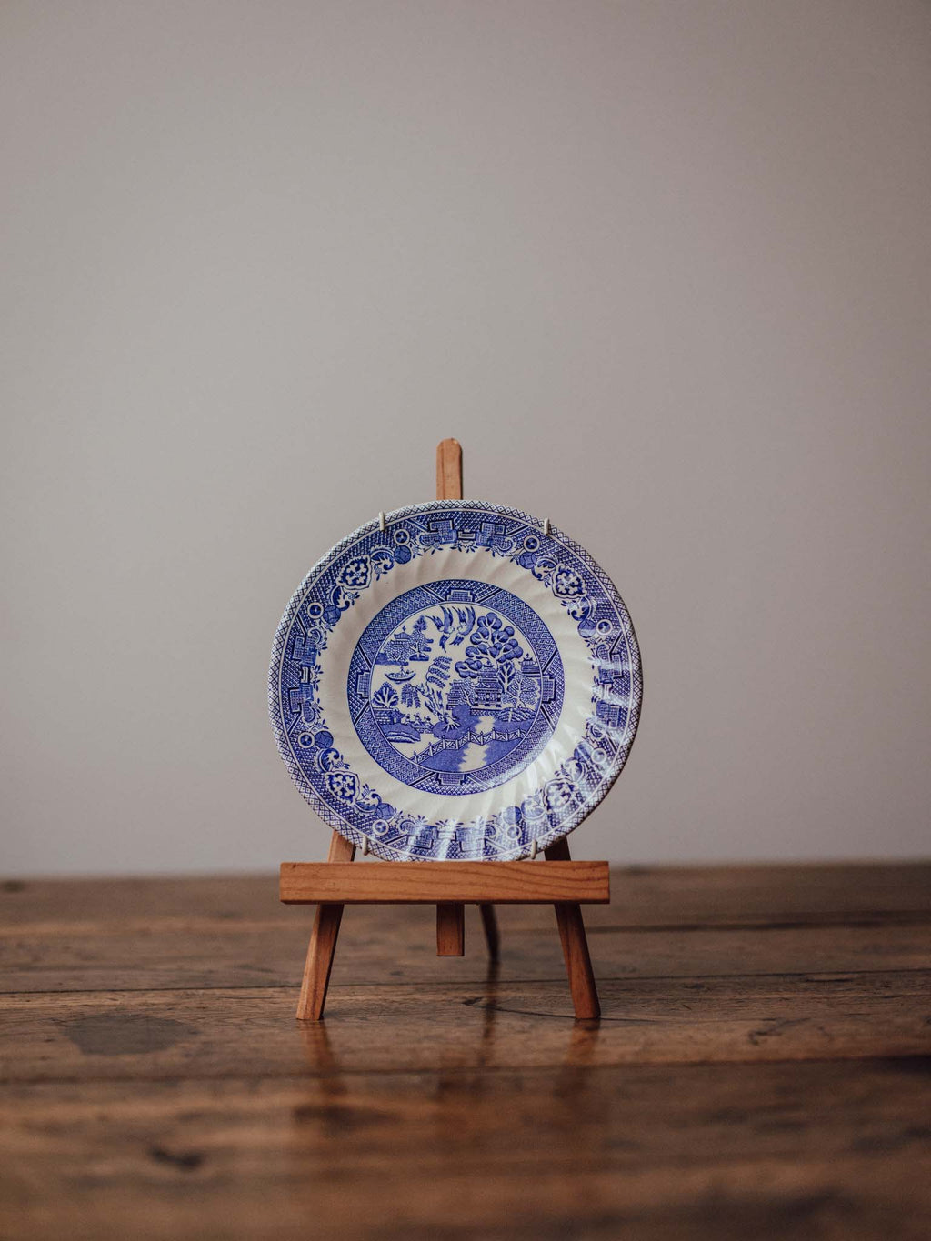 Blue and White Willow Plate with Swirled Rim and Wire Hanger - Myott