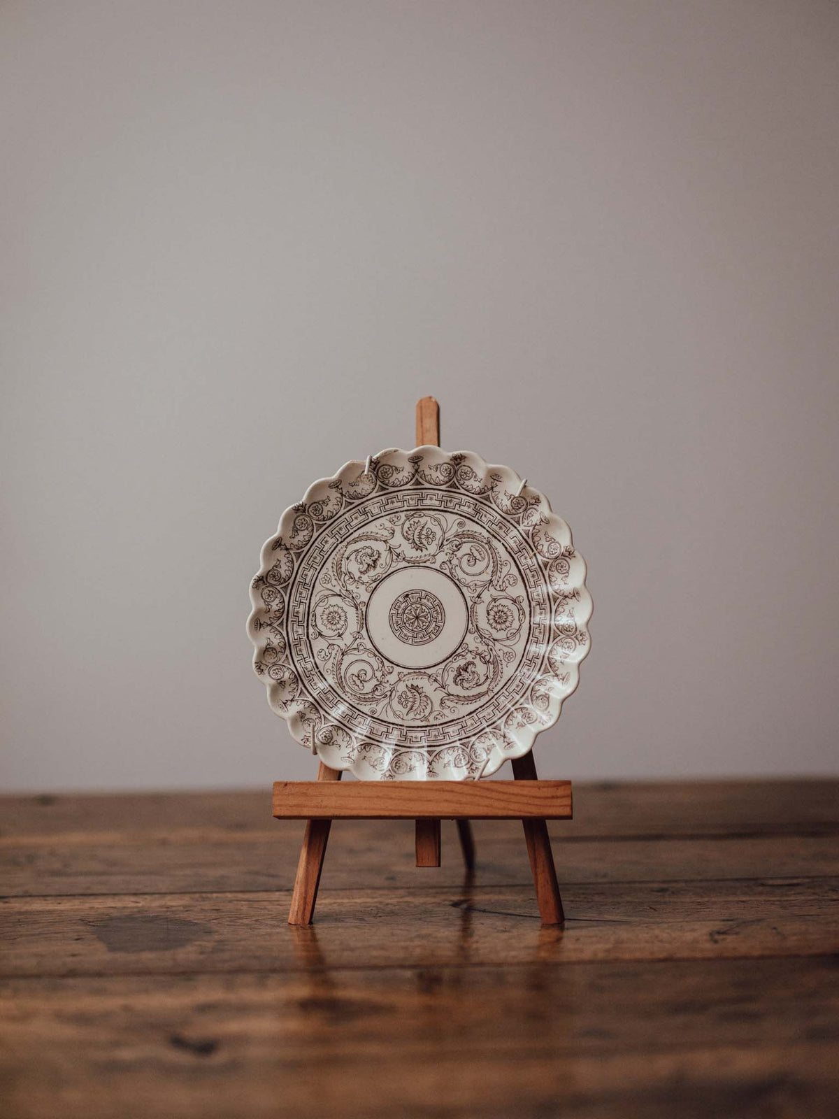 Copeland Brown Transferware Plate with Greek Key Border and Wire Hanger