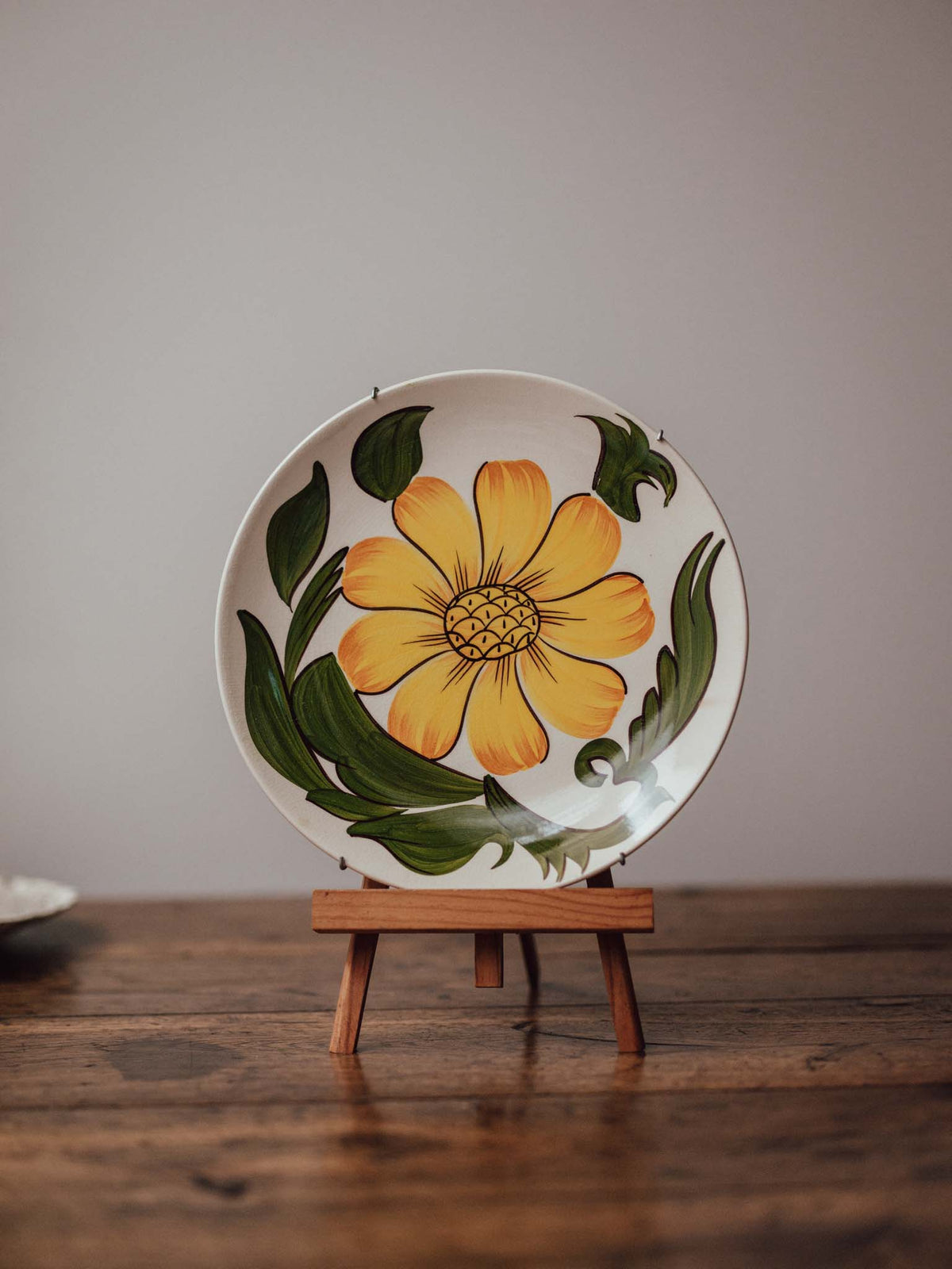 Hand Painted Yellow Flower Plate with Wire Hanger