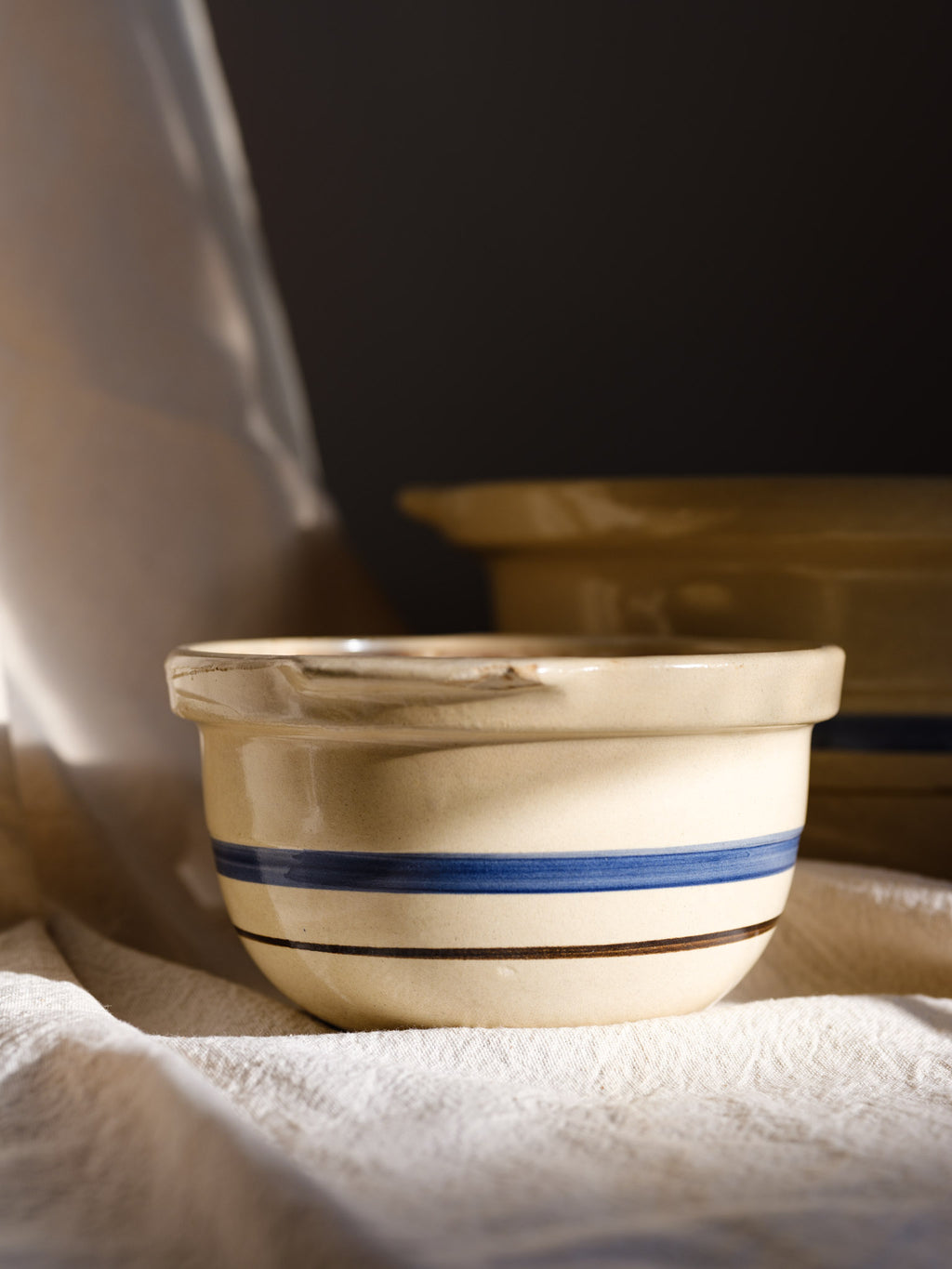 Vintage Blue Stripe Stoneware Bowls - Small and Large